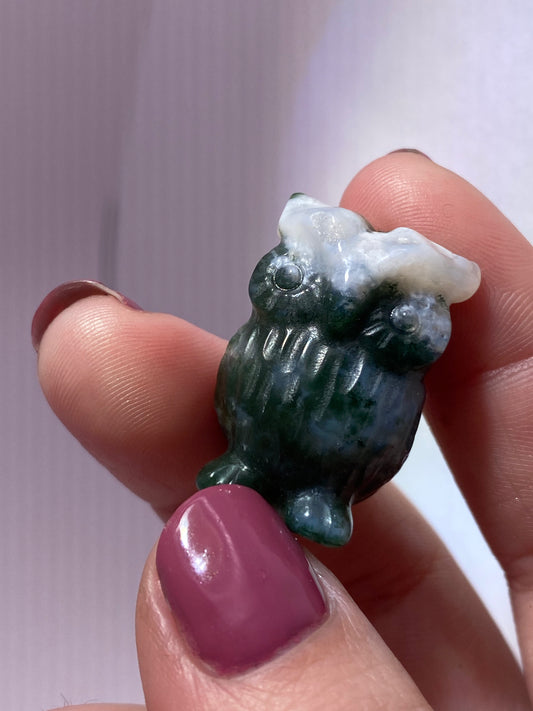 Moss agate owl carving