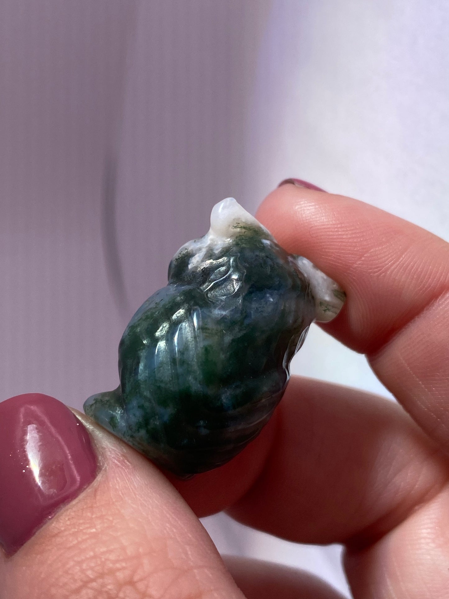 Moss agate owl carving