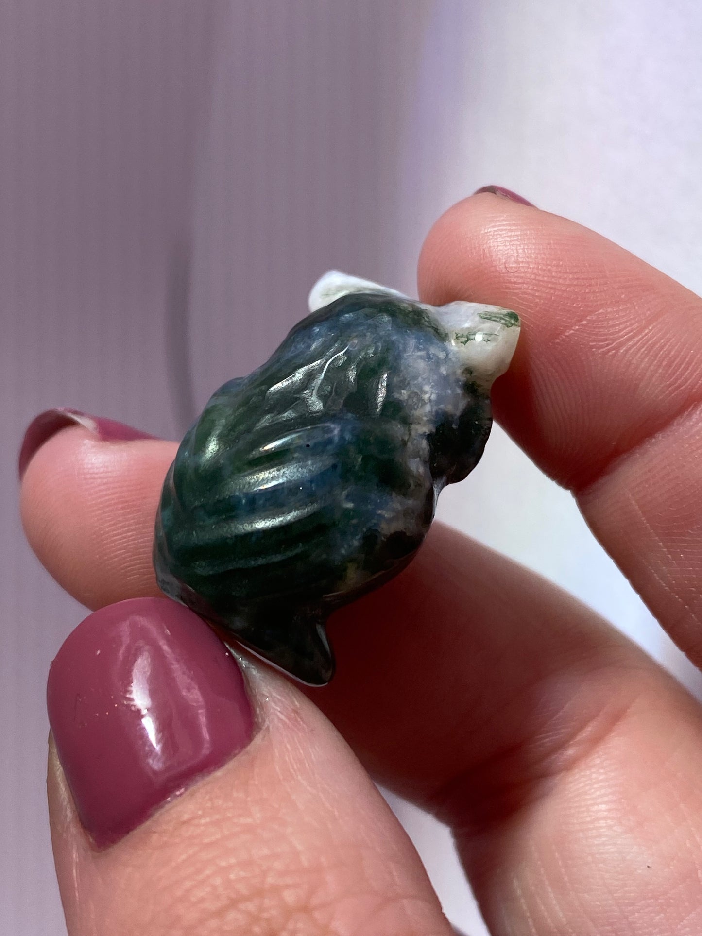 Moss agate owl carving