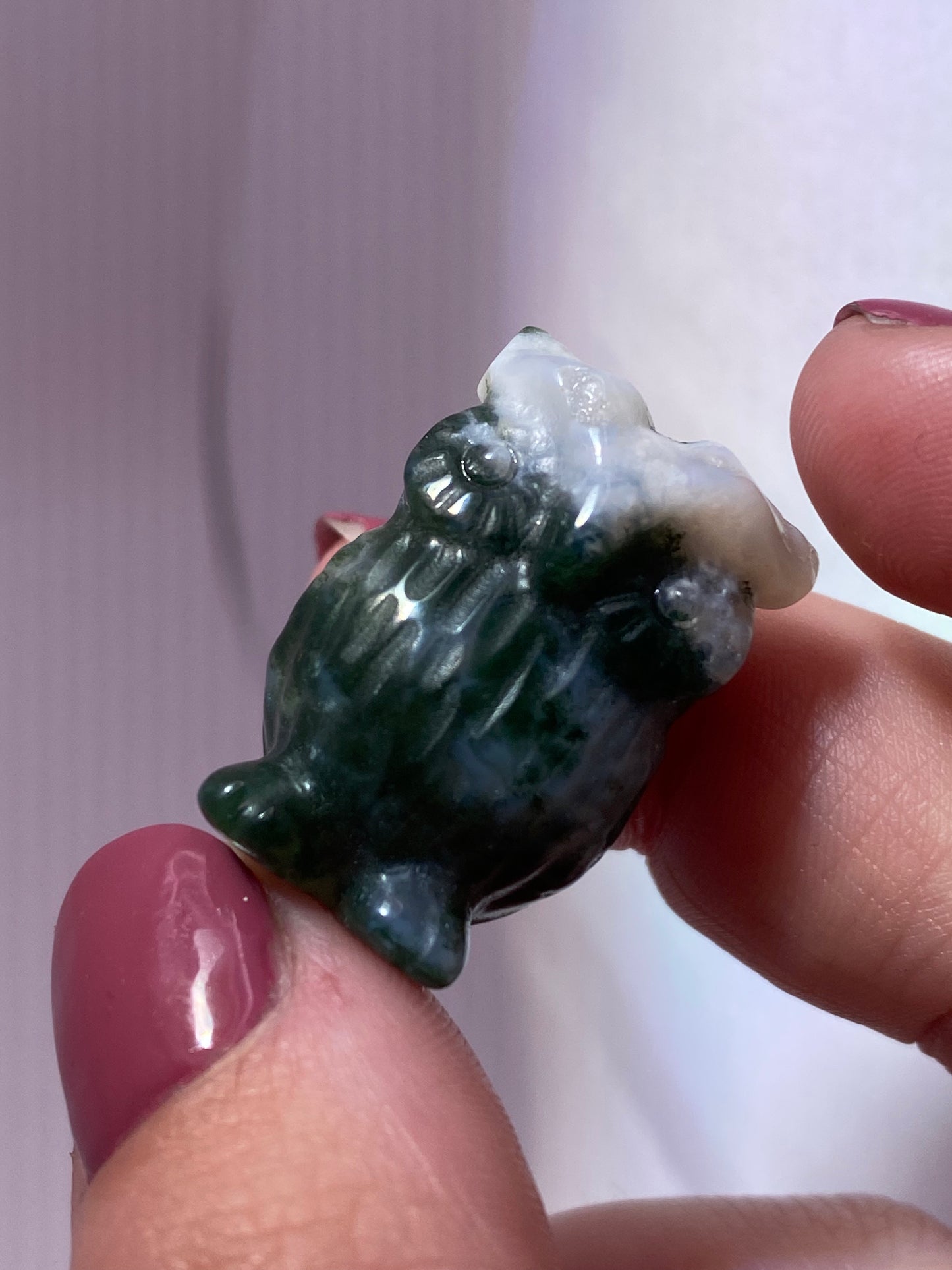 Moss agate owl carving