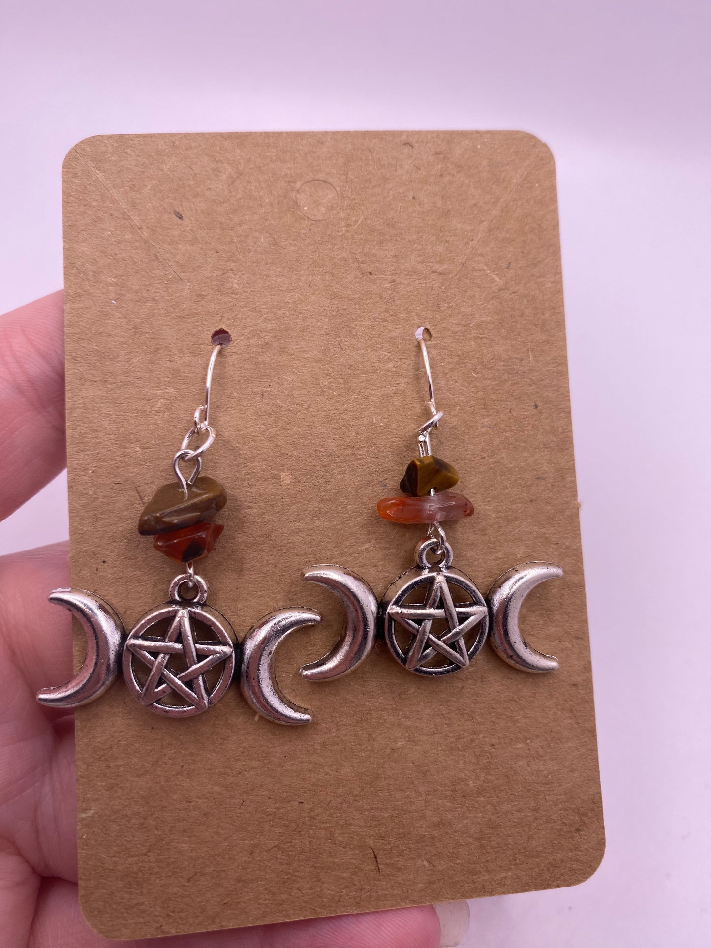 Carnelian Tigers eye moon phases wiccan pentagram earrings