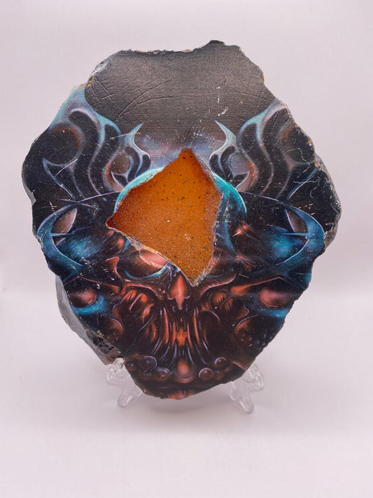 Druzey Agate Slab With Skull Painting