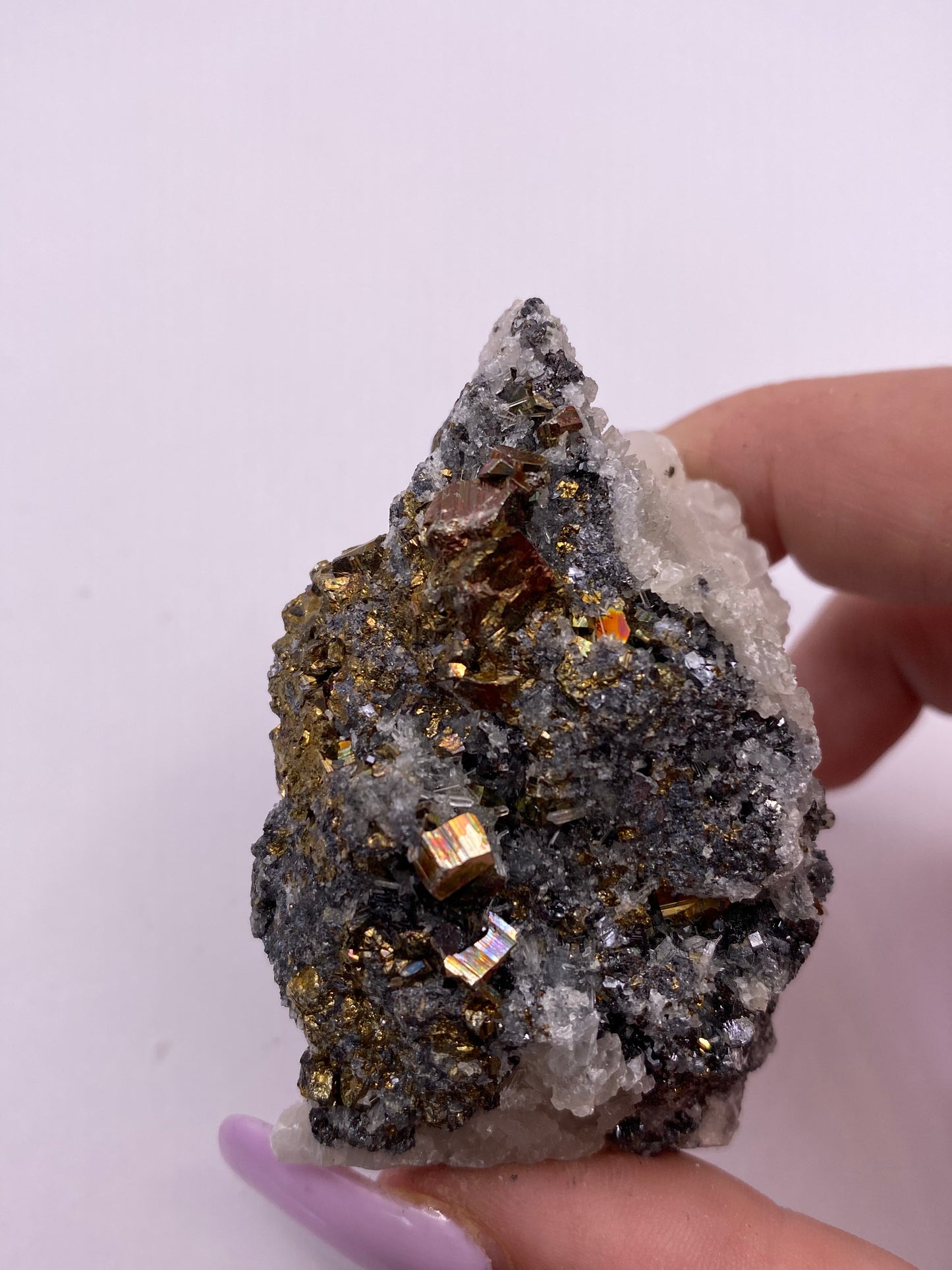 Calcite, Quartz, Galena and Iridescent  Pyrite Cluster