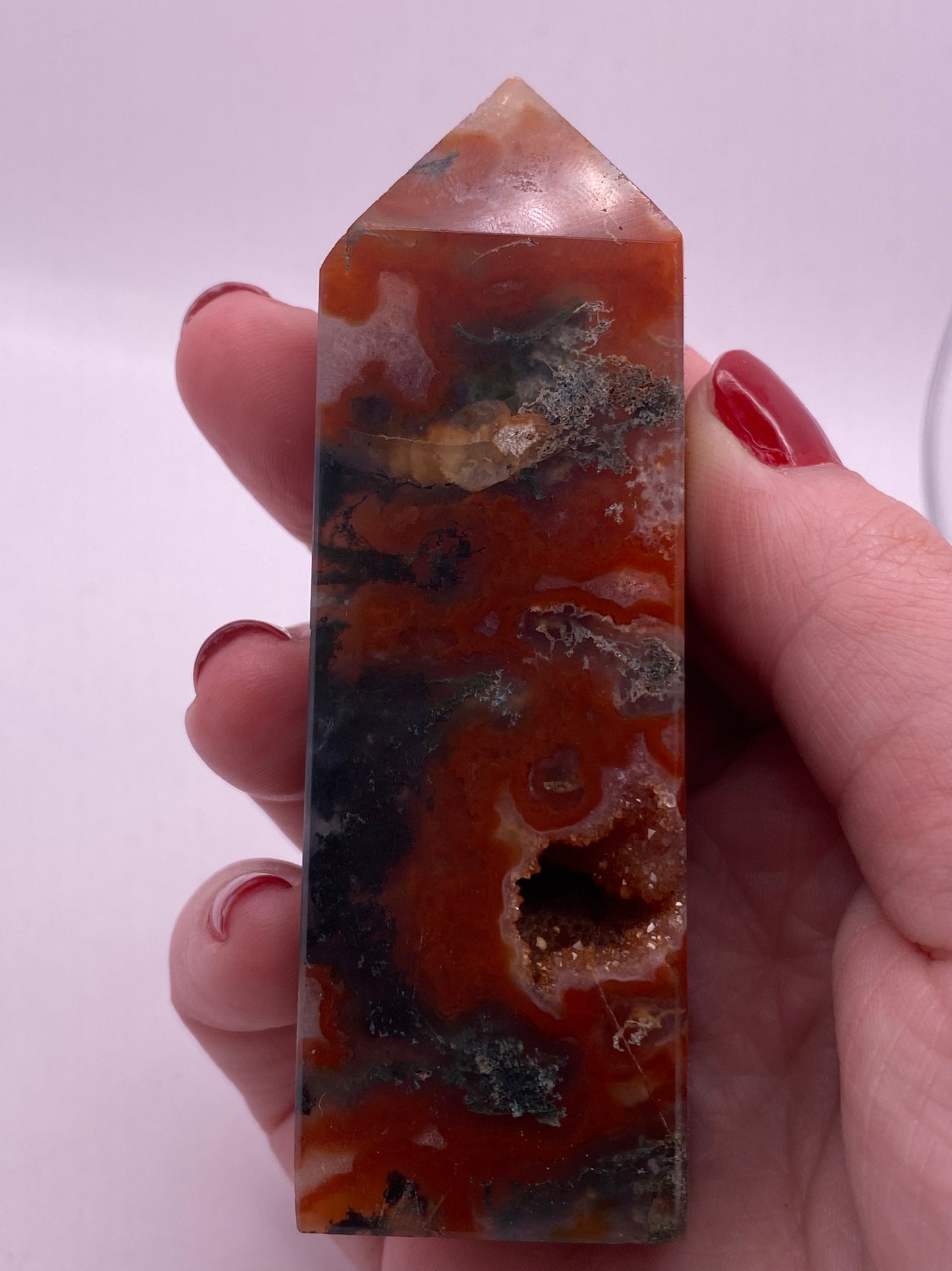 Red moss agate crystal tower