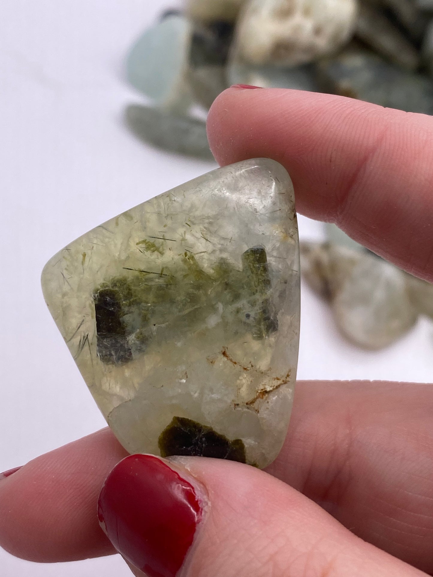 Epidote in Prehnite Tumble