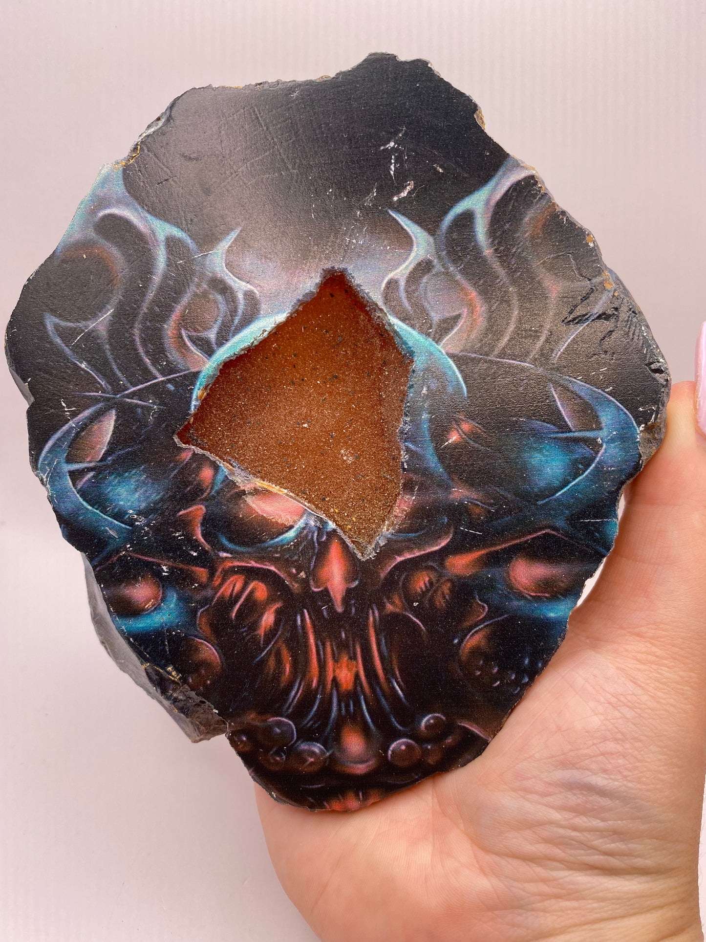 Druzey Agate Slab With Skull Painting