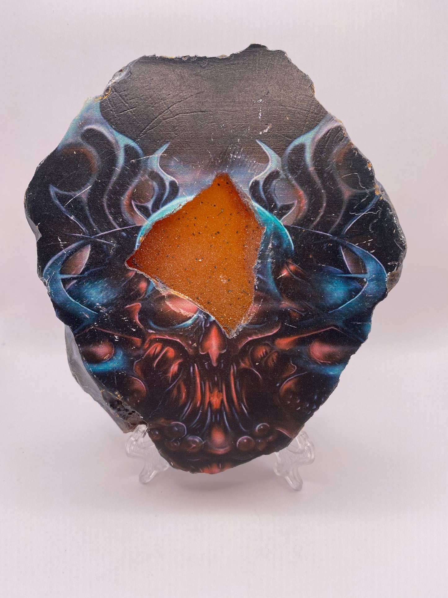 Druzey Agate Slab With Skull Painting