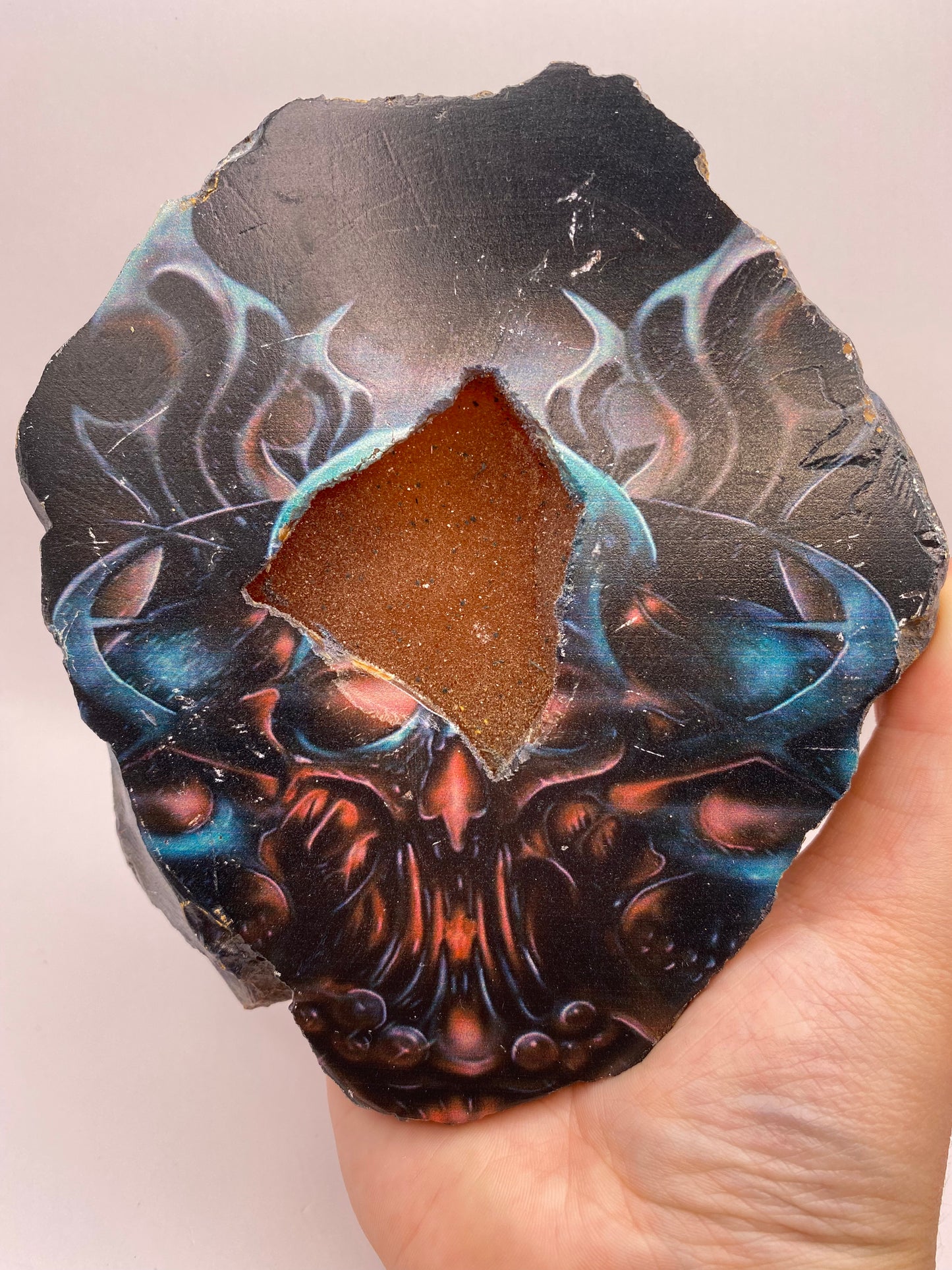 Druzey Agate Slab With Skull Painting