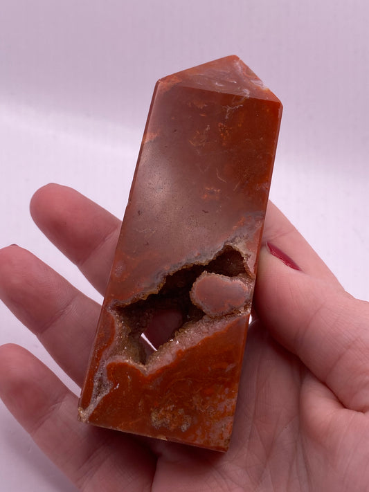 Druzey red moss agate crystal tower