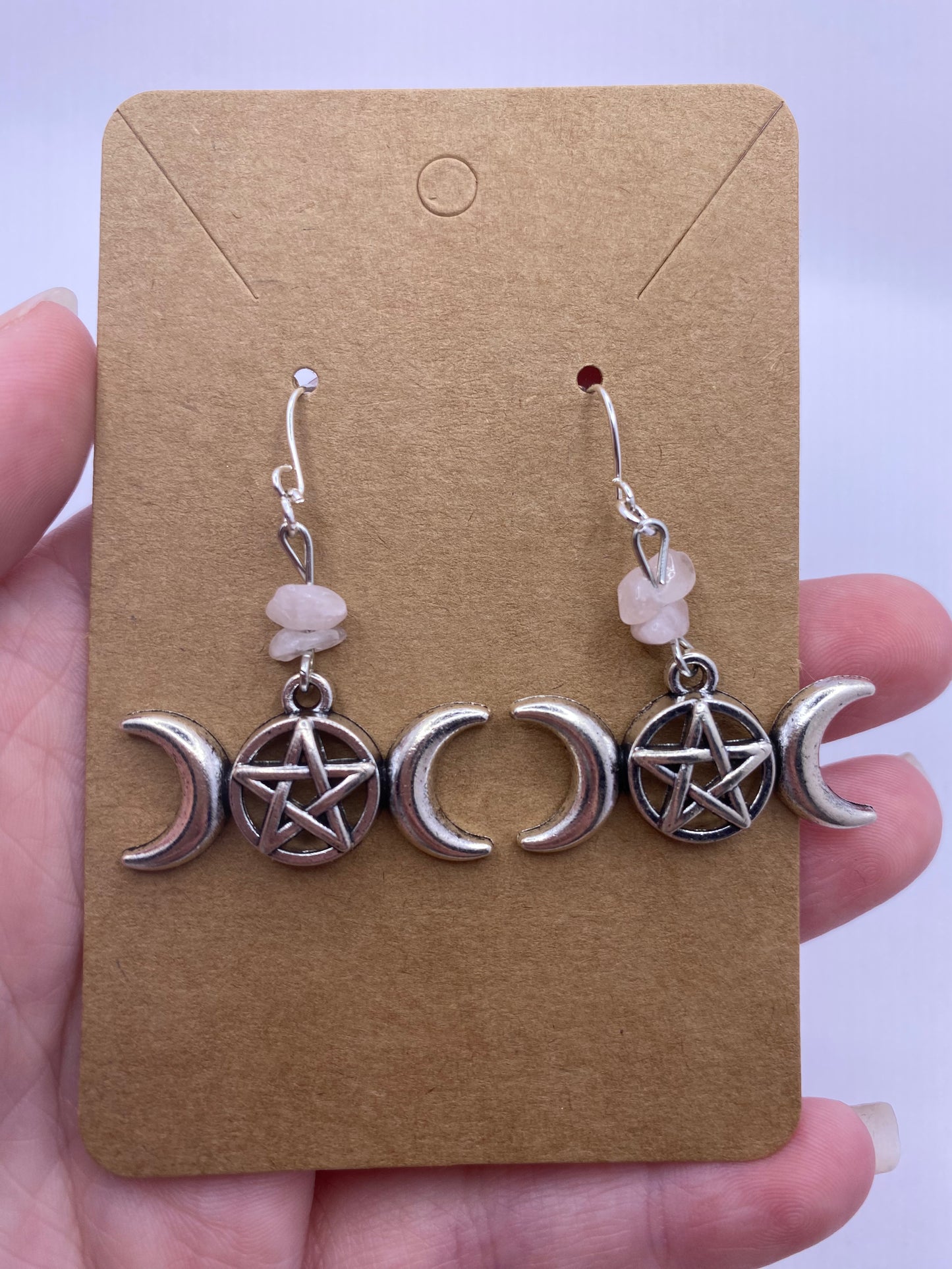 Rose Quarts moon phase Wiccan pentagram earrings