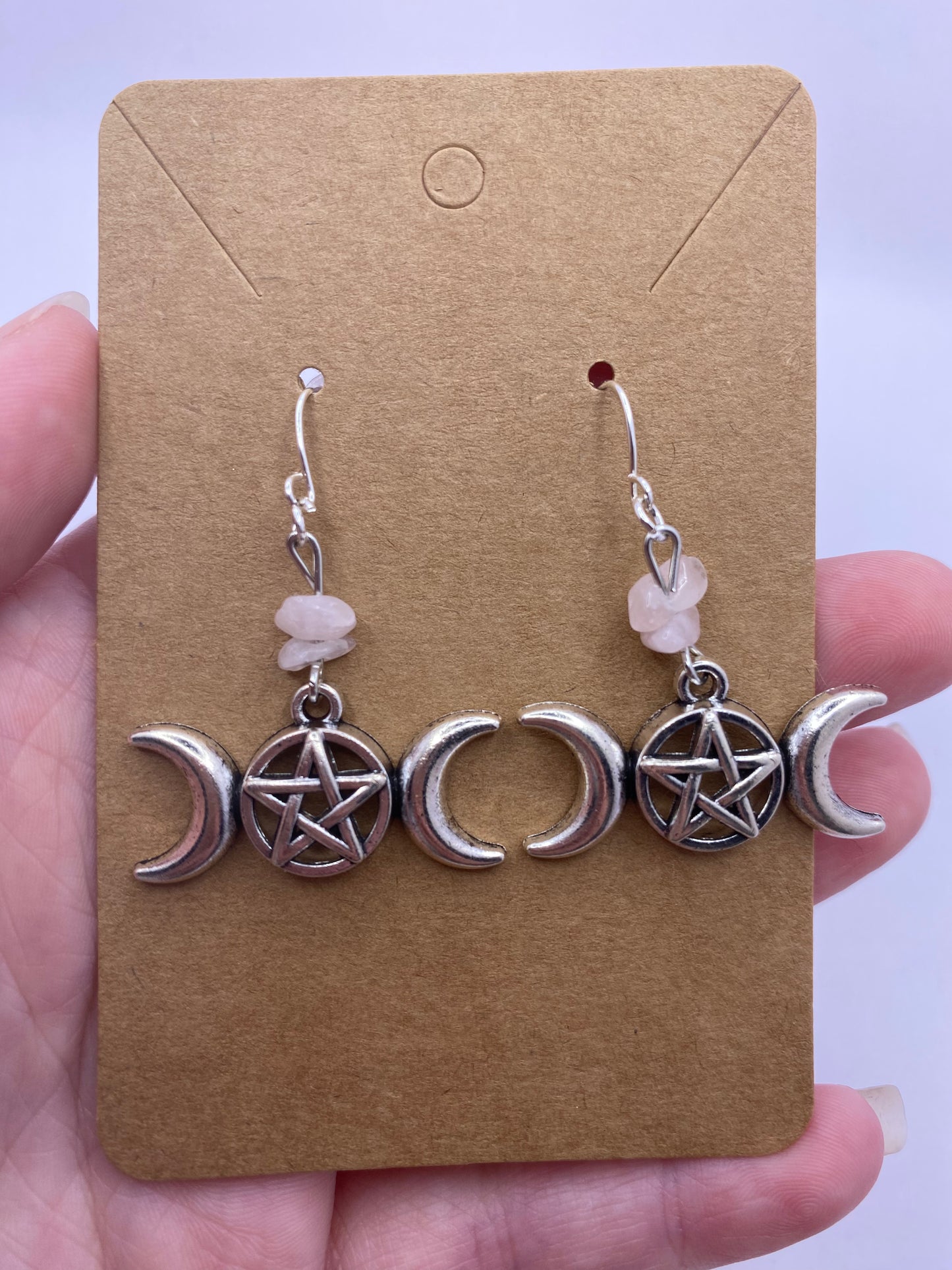 Rose Quarts moon phase Wiccan pentagram earrings