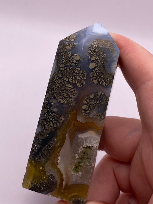 Chalcopyrite And Moss Agate Hybrid Tower