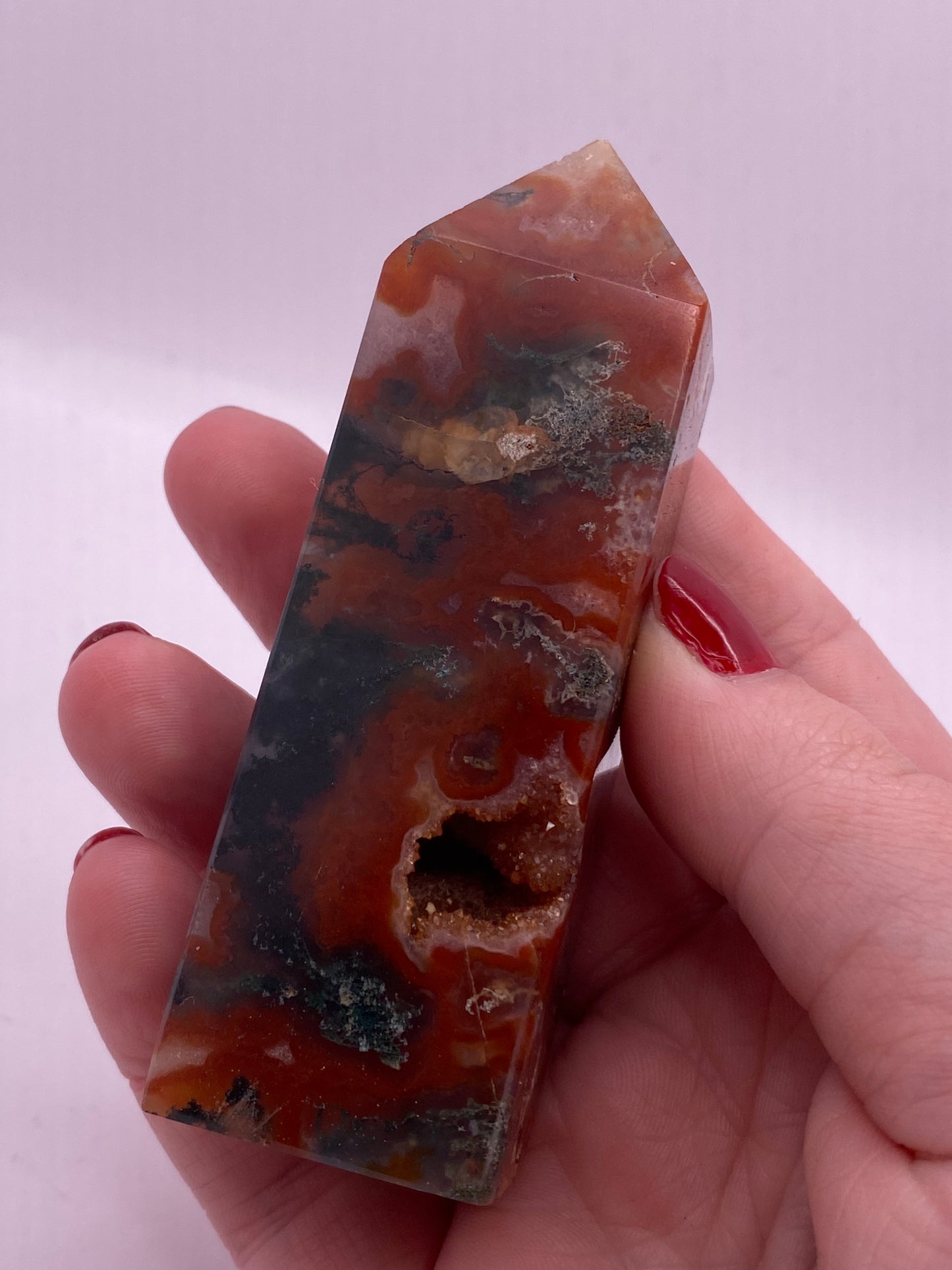 Red moss agate crystal tower