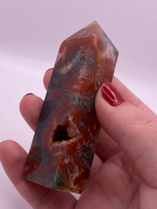 Red moss agate crystal tower