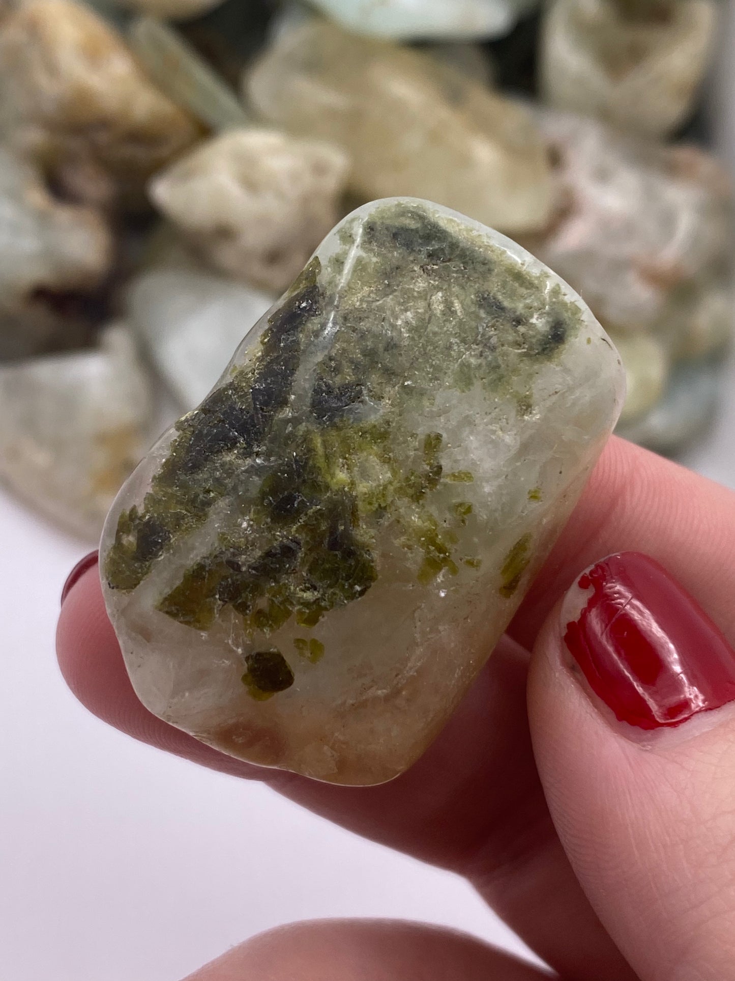 Epidote in Prehnite Tumble